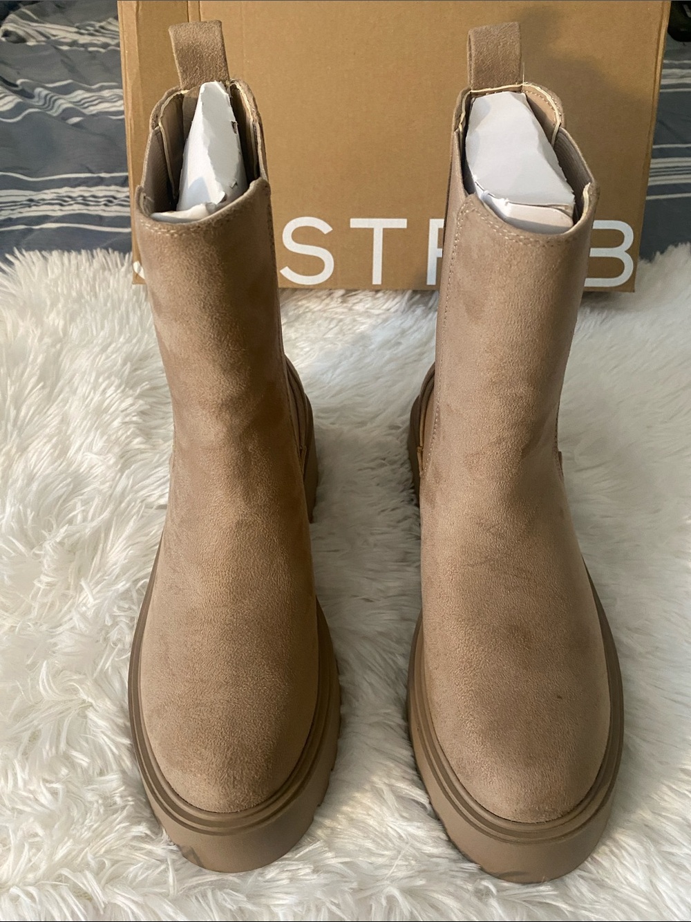 JustFab Tan Suede Platform Chelsea Boots
